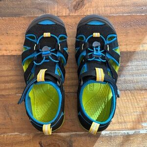 Keen Kids' Black and Blue Sandals with Yellow Accents